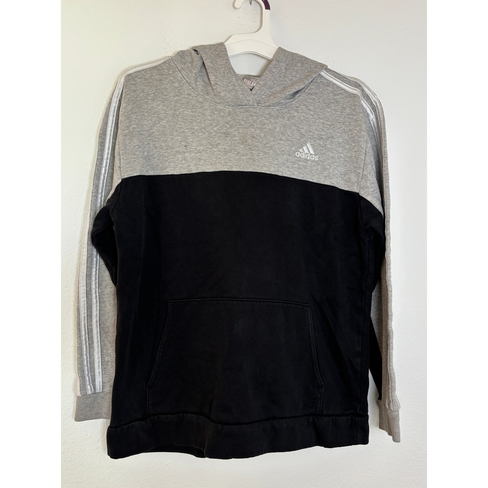 Adidas Boys Colorblock Hoodie Grey Black 3-Stripe Pullover Size XL 18/20